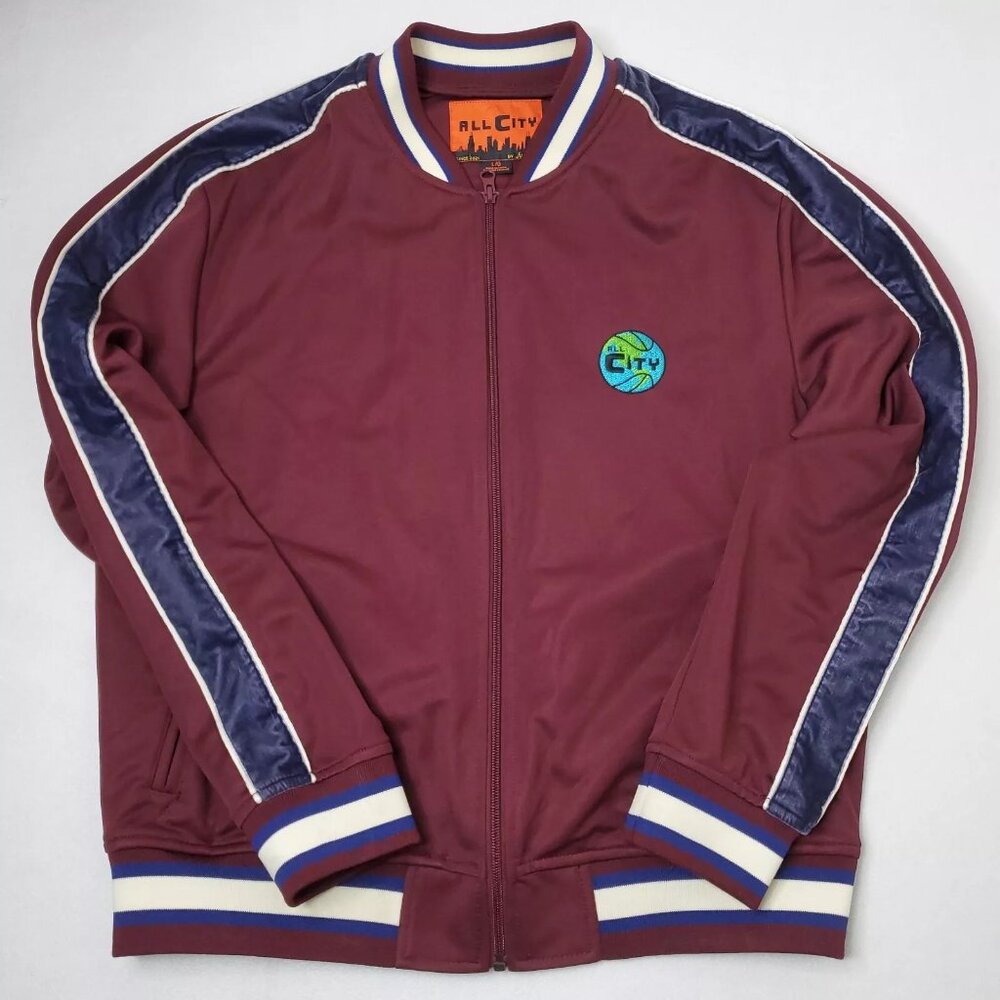 All City By‎ Just Don Brgundy Zip Track Jacket Velour Strip Sleeve S New Unisex